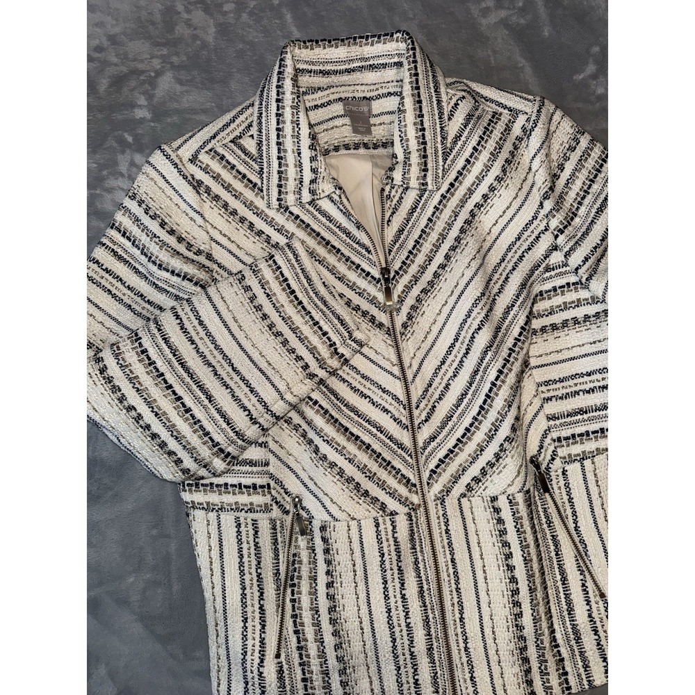 Chico's  Sz 2(12-14) Zippered Tweed Blazer Jacket Textured Cream Mature Academia